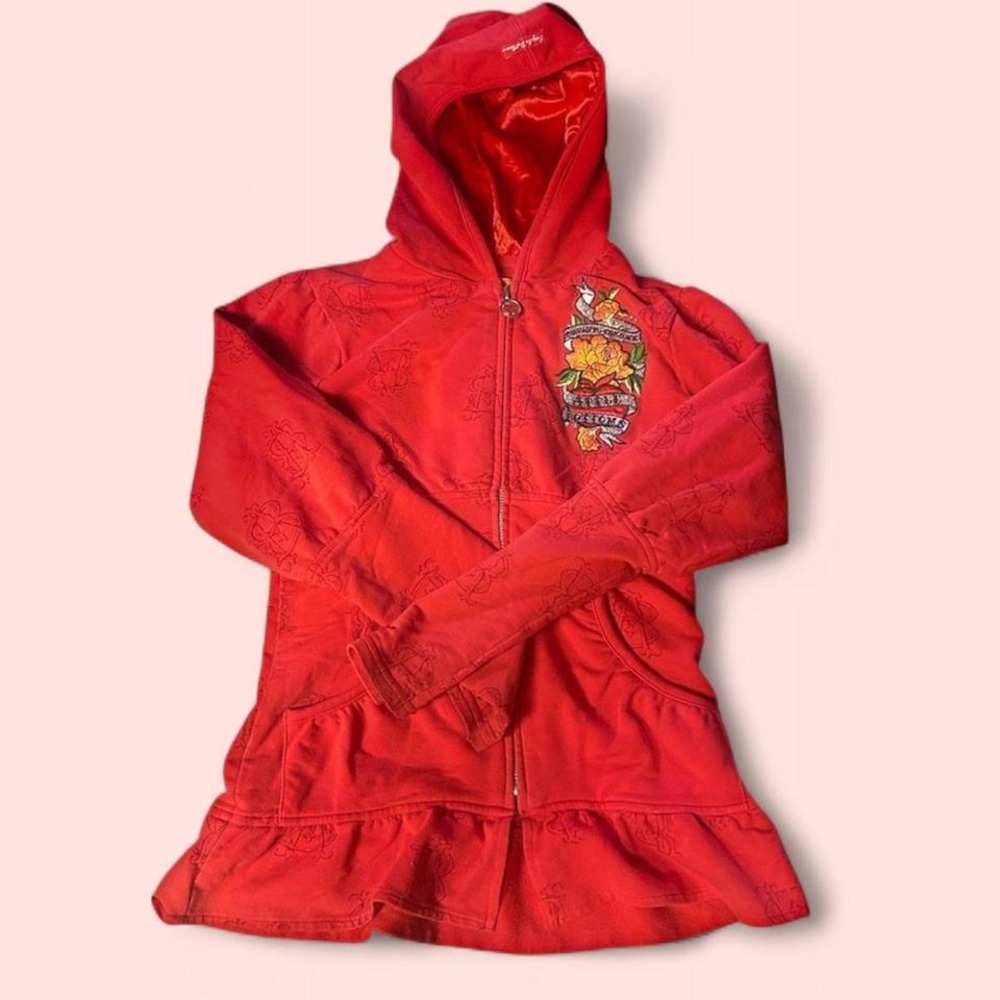RARE Apple bottom Red ruffle skirt zip up hoodie with embroidered design